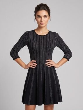 NWT Adore Black Silver Metallic Stripe Ribbed Knit Fit & Flare Skater Dress S